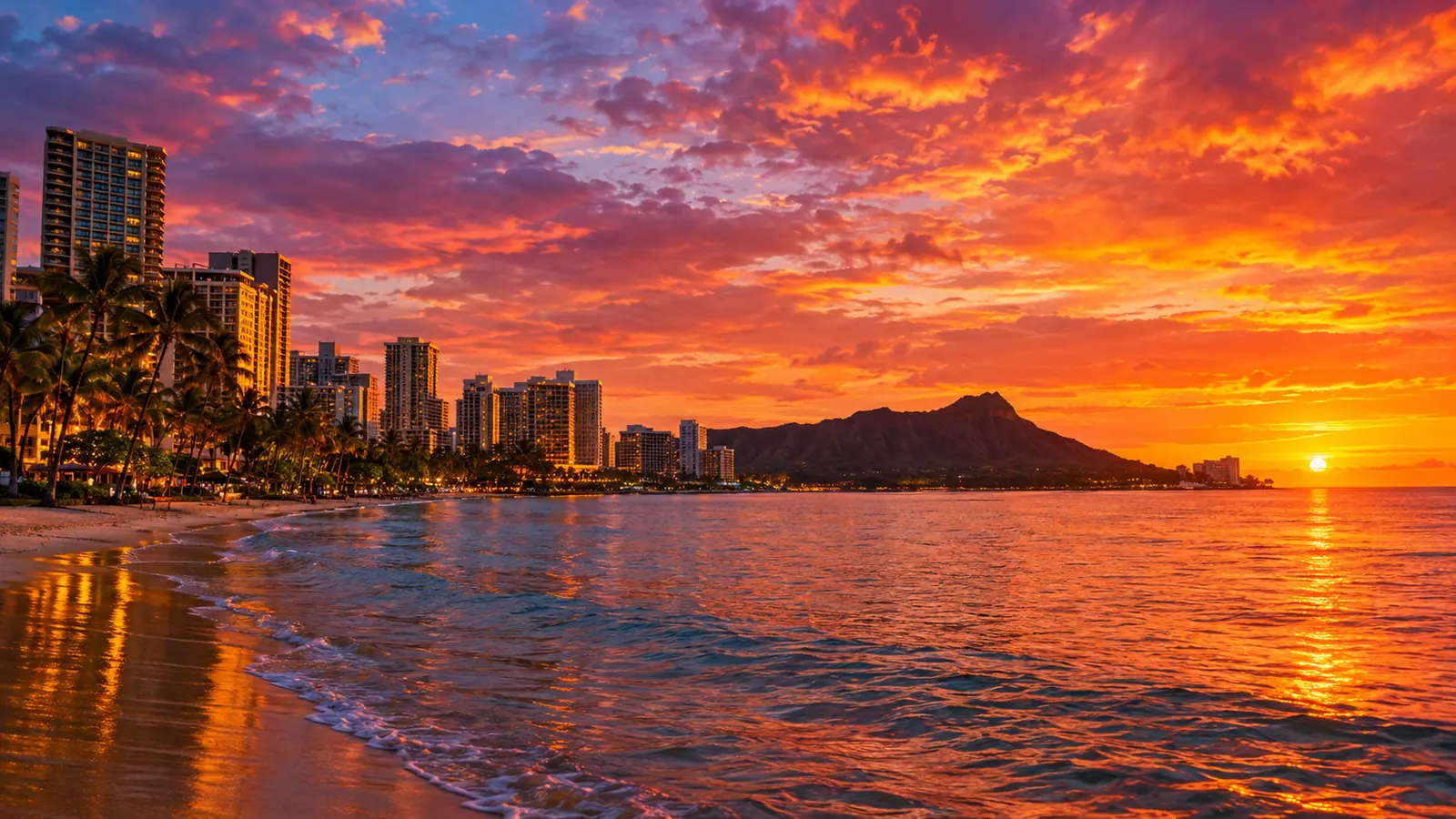 La plage de Waikiki et Diamond Head sous un ciel de coucher de soleil flamboyant