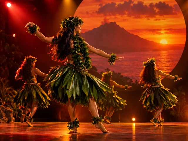 Des danseurs de hula en jupes de feuilles de ti sur une scène éclairée de rouge et d'ambre