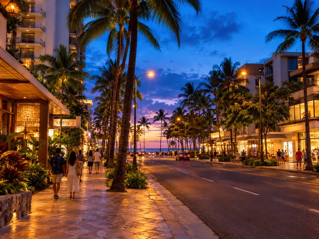 Kalakaua Avenue à Waikiki au crépuscule, avec des palmiers et des halls d'hôtels illuminés