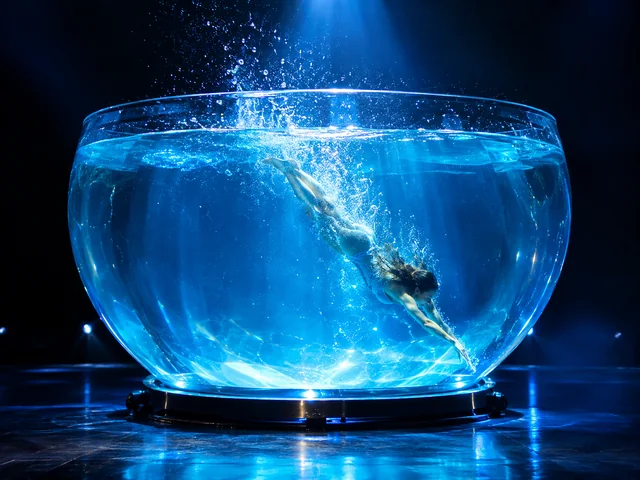 Artiste plongeant dans une immense vasque de verre remplie d'eau, sous une lumière bleue