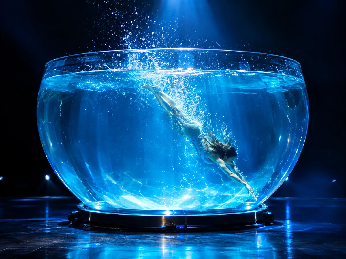 Eine Artistin taucht unter blauem Licht in einer riesigen gläsernen Wasserschale
