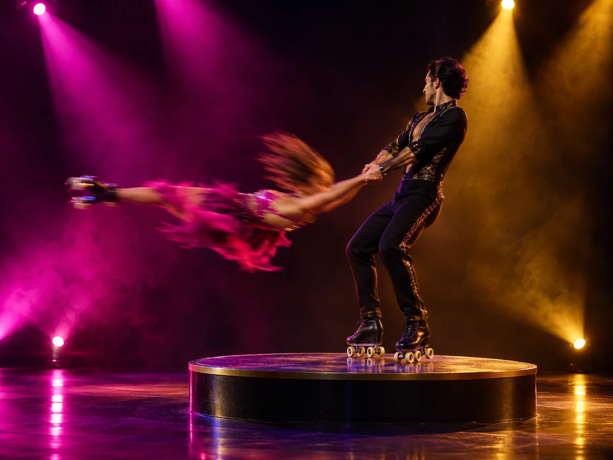 Deux patineurs à roulettes tournant sur une petite plateforme ronde sous une lumière magenta et dorée