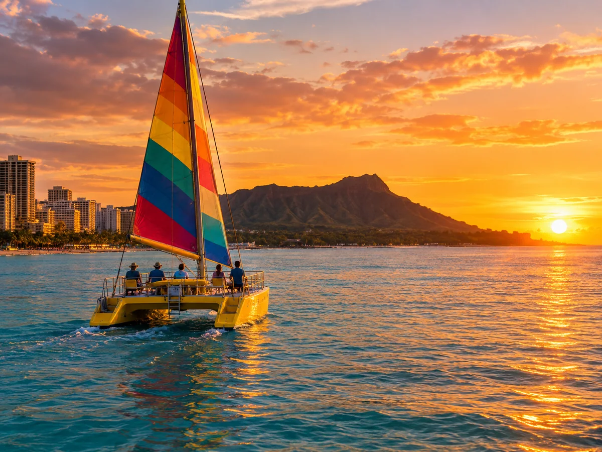 Un catamaran jaune naviguant au large de Waikiki au coucher du soleil avec Diamond Head en arrière-plan